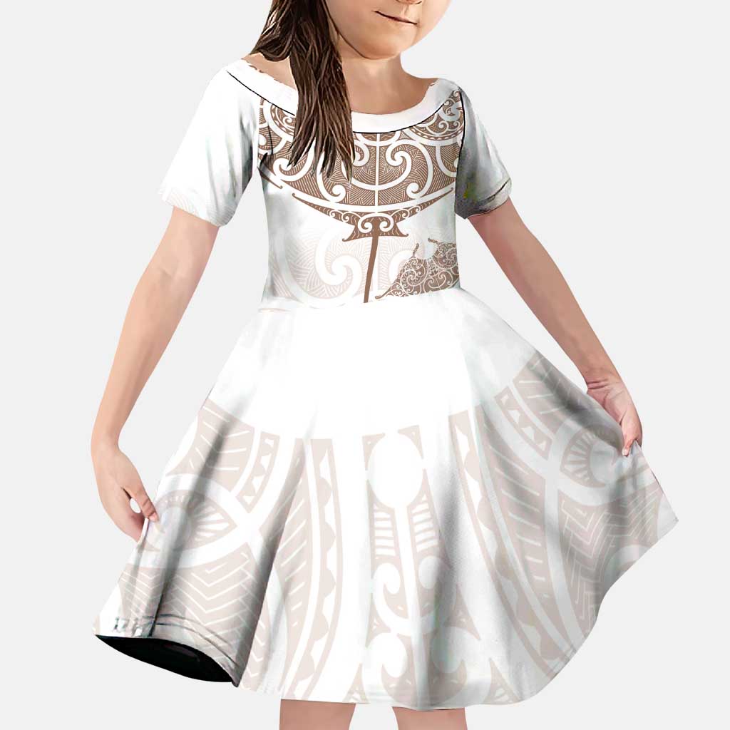 New Zealand Manta Ray Tattoo Family Matching Puletasi and Hawaiian Shirt Aotearoa Maori Haehae Beige LT14 Daughter's Dress White - Polynesian Pride
