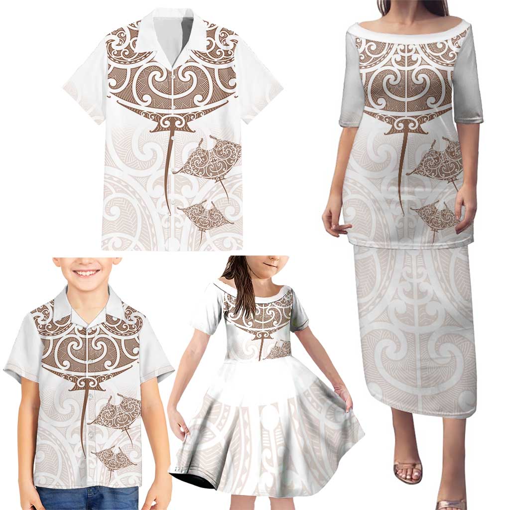 New Zealand Manta Ray Tattoo Family Matching Puletasi and Hawaiian Shirt Aotearoa Maori Haehae Beige LT14 - Polynesian Pride