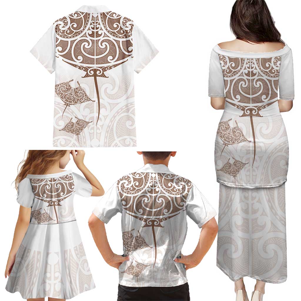 New Zealand Manta Ray Tattoo Family Matching Puletasi and Hawaiian Shirt Aotearoa Maori Haehae Beige LT14 - Polynesian Pride