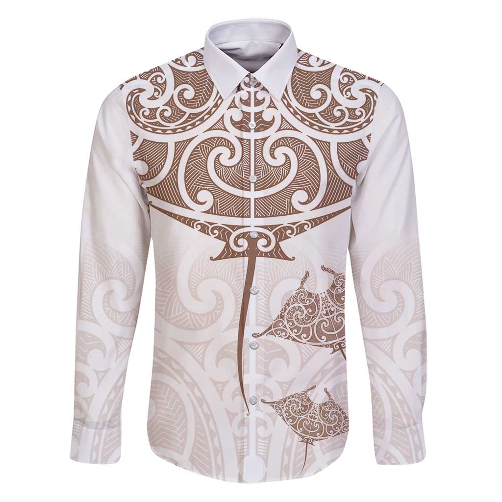 New Zealand Manta Ray Tattoo Family Matching Puletasi and Hawaiian Shirt Aotearoa Maori Haehae Beige LT14 Dad's Shirt - Long Sleeve White - Polynesian Pride