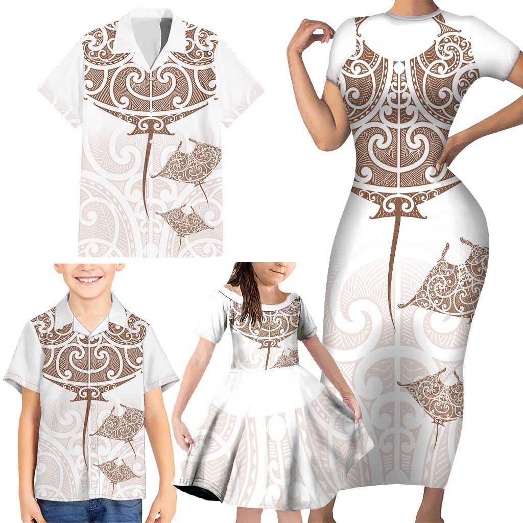 New Zealand Manta Ray Tattoo Family Matching Short Sleeve Bodycon Dress and Hawaiian Shirt Aotearoa Maori Haehae Beige LT14 - Polynesian Pride