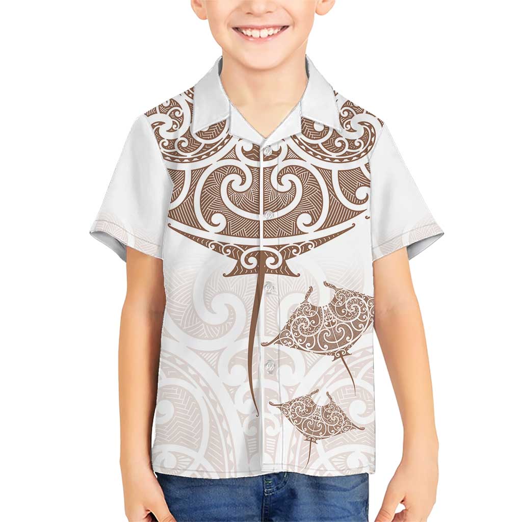 New Zealand Manta Ray Tattoo Family Matching Short Sleeve Bodycon Dress and Hawaiian Shirt Aotearoa Maori Haehae Beige LT14 Son's Shirt White - Polynesian Pride