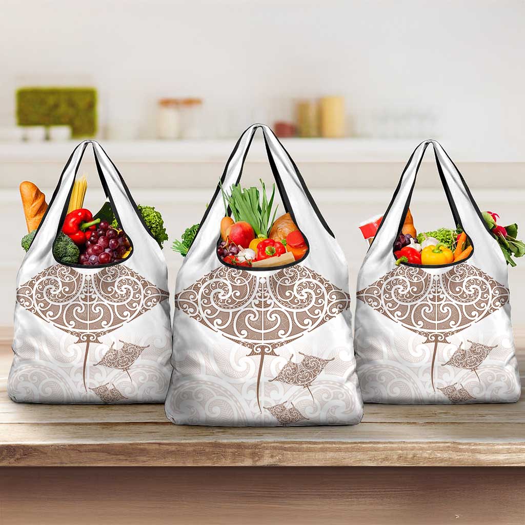 New Zealand Manta Ray Tattoo Grocery Bag Aotearoa Maori Haehae Beige LT14 3-pack One Size White - Polynesian Pride