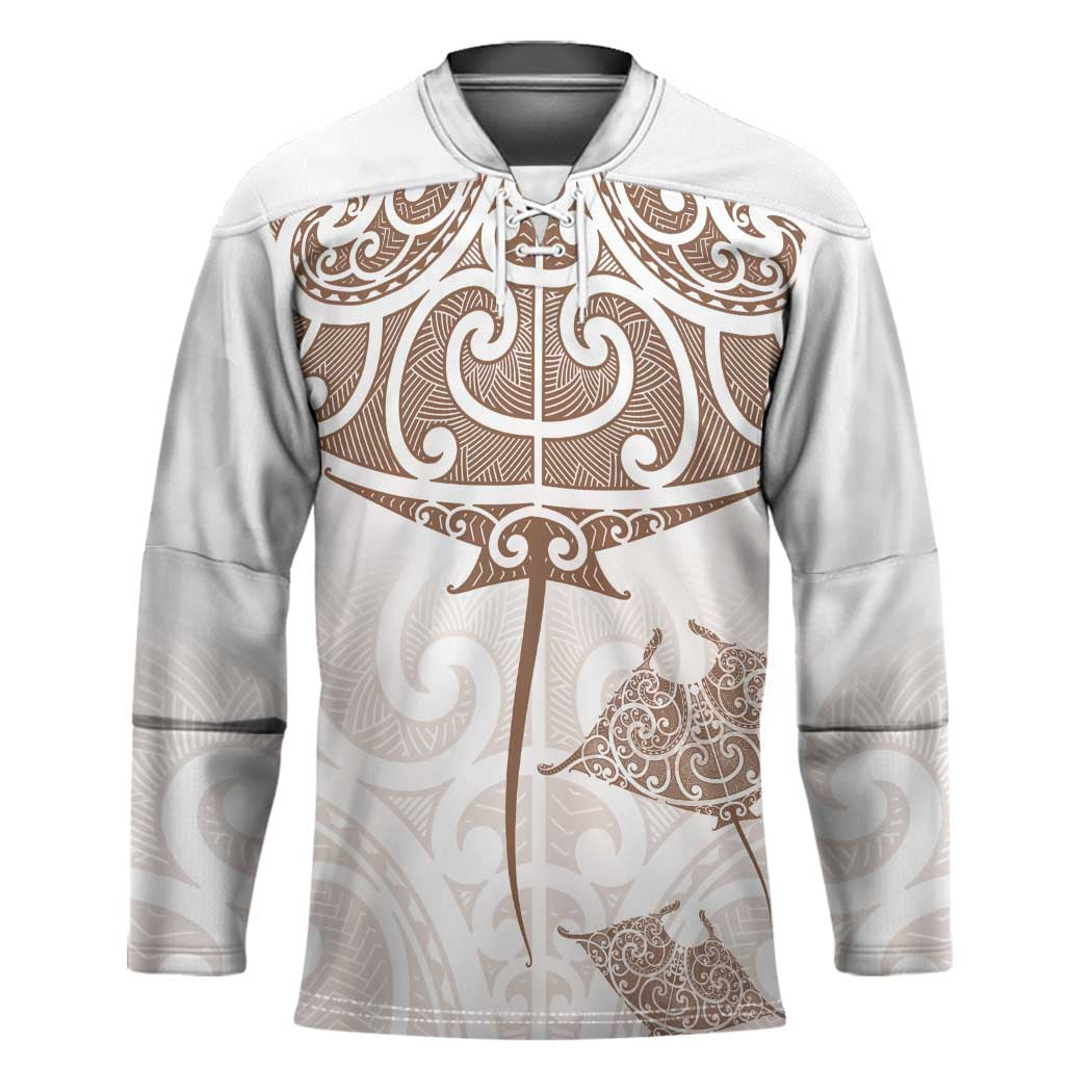 New Zealand Manta Ray Tattoo Hockey Jersey Aotearoa Maori Haehae Beige LT14 Unisex White - Polynesian Pride