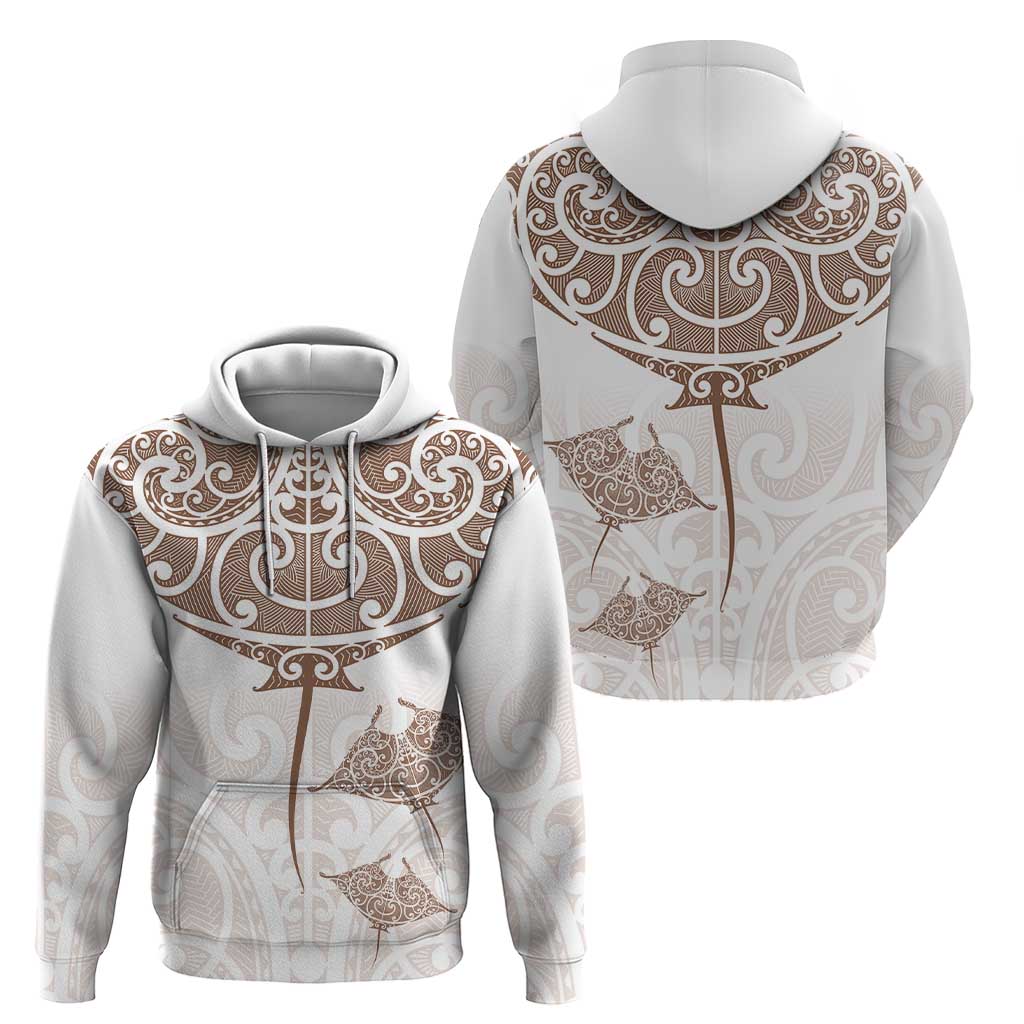 New Zealand Manta Ray Tattoo Hoodie Aotearoa Maori Haehae Beige - Polynesian Pride