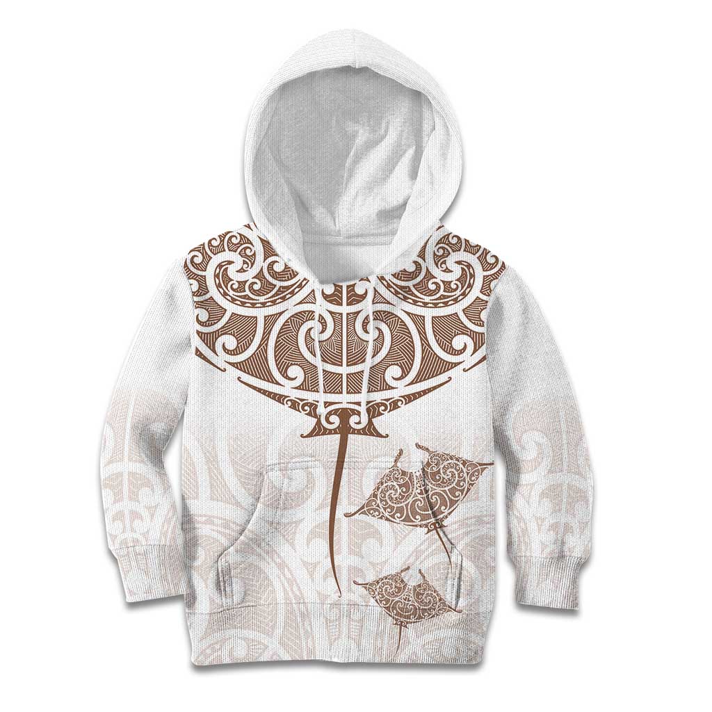 New Zealand Manta Ray Tattoo Kid Hoodie Aotearoa Maori Haehae Beige LT14 Hoodie White - Polynesian Pride