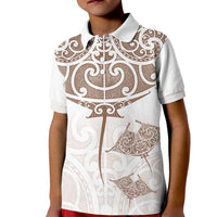 New Zealand Manta Ray Tattoo Kid Polo Shirt Aotearoa Maori Haehae Beige LT14 Kid White - Polynesian Pride