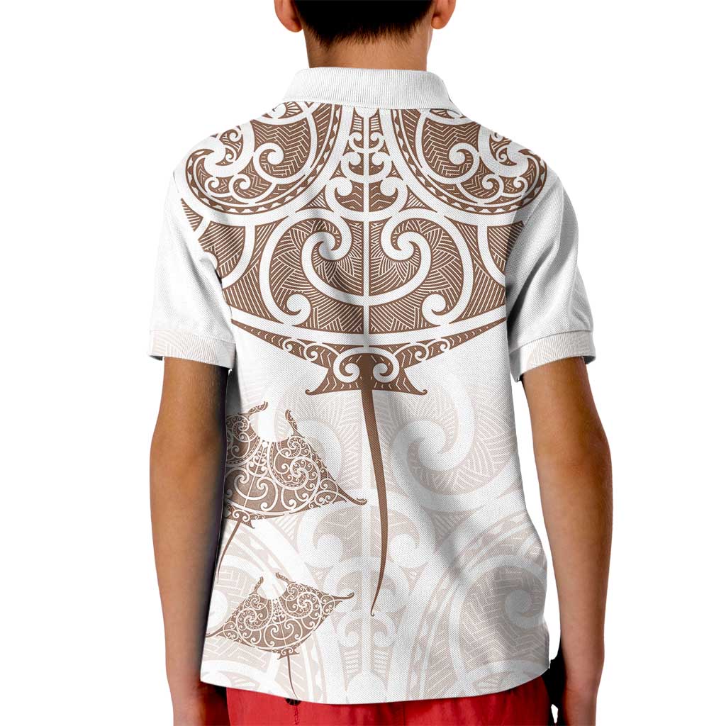 New Zealand Manta Ray Tattoo Kid Polo Shirt Aotearoa Maori Haehae Beige LT14 - Polynesian Pride