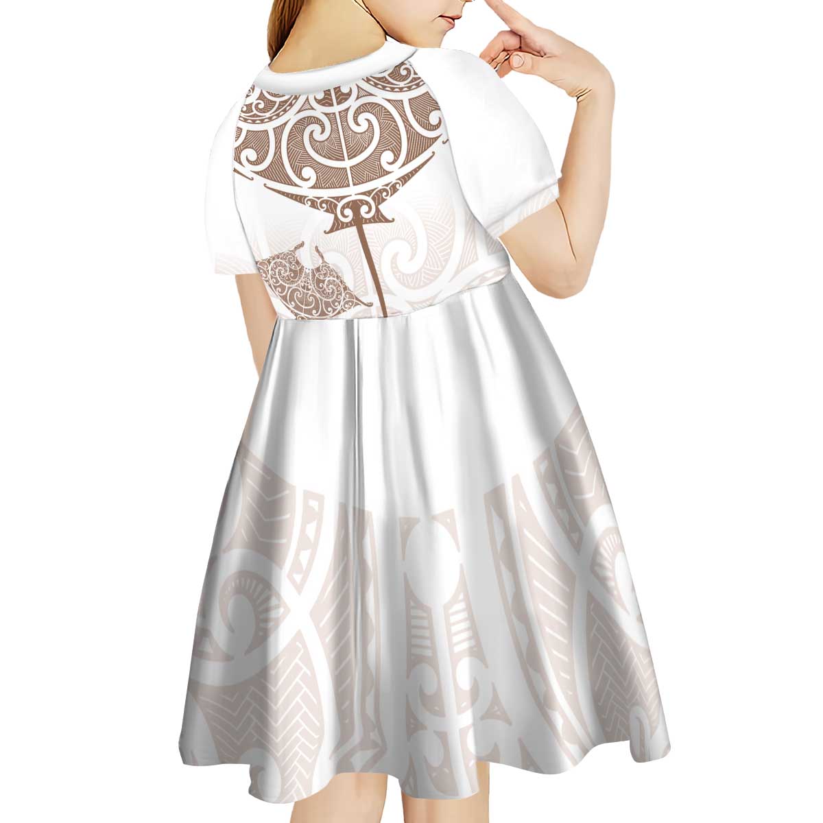 New Zealand Manta Ray Tattoo Kid Short Sleeve Dress Aotearoa Maori Haehae Beige LT14 - Polynesian Pride