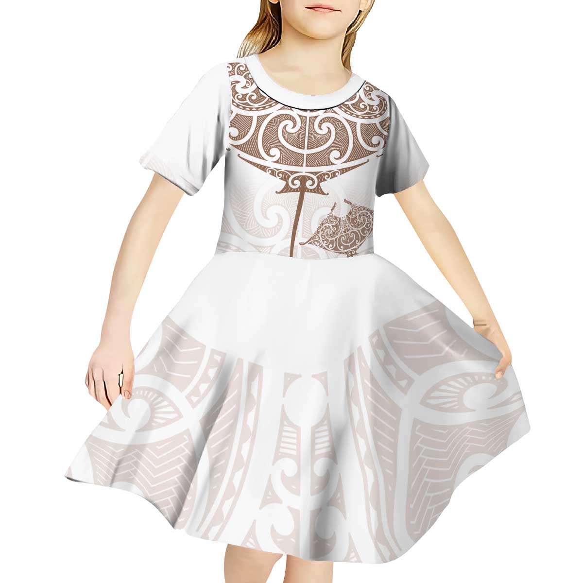 New Zealand Manta Ray Tattoo Kid Short Sleeve Dress Aotearoa Maori Haehae Beige LT14 - Polynesian Pride