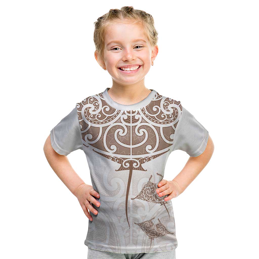 New Zealand Manta Ray Tattoo Kid T Shirt Aotearoa Maori Haehae Beige LT14 White - Polynesian Pride