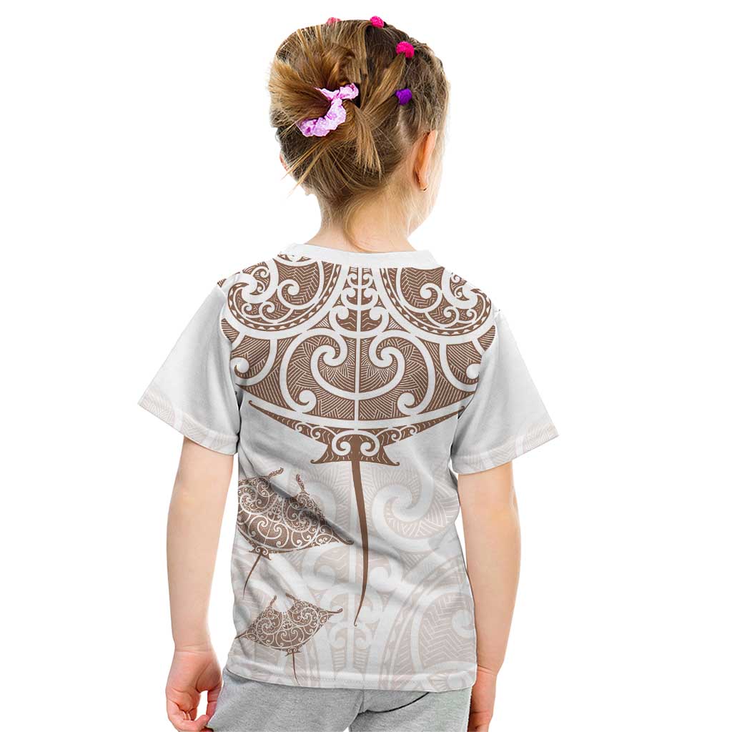 New Zealand Manta Ray Tattoo Kid T Shirt Aotearoa Maori Haehae Beige LT14 - Polynesian Pride