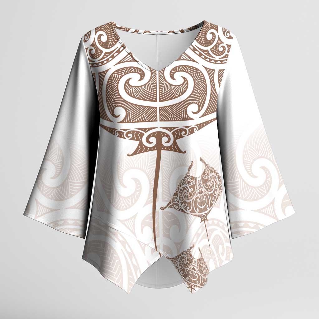 New Zealand Manta Ray Tattoo Kimono Sleeve Blouse Aotearoa Maori Haehae Beige LT14 Female White - Polynesian Pride