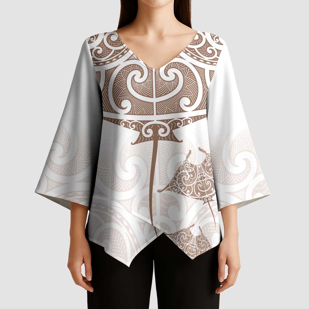 New Zealand Manta Ray Tattoo Kimono Sleeve Blouse Aotearoa Maori Haehae Beige LT14 - Polynesian Pride