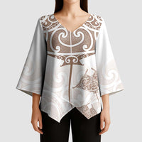New Zealand Manta Ray Tattoo Kimono Sleeve Blouse Aotearoa Maori Haehae Beige LT14 - Polynesian Pride