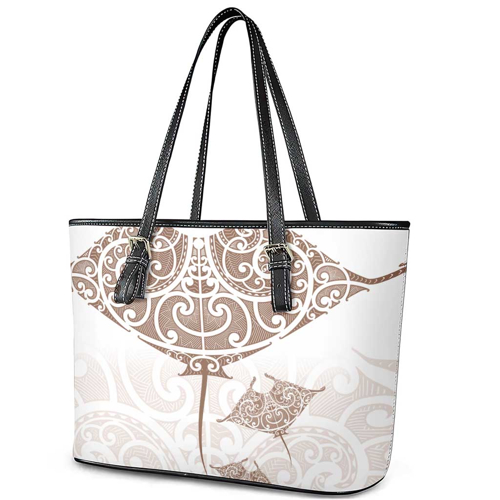 New Zealand Manta Ray Tattoo Leather Tote Bag Aotearoa Maori Haehae Beige LT14 - Polynesian Pride