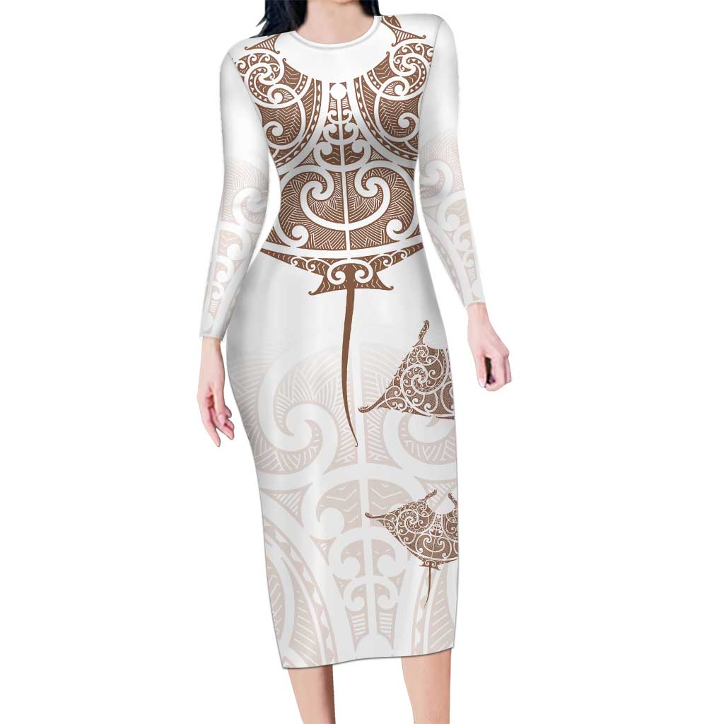 New Zealand Manta Ray Tattoo Long Sleeve Bodycon Dress Aotearoa Maori Haehae Beige LT14 Long Dress White - Polynesian Pride