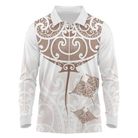 New Zealand Manta Ray Tattoo Long Sleeve Polo Shirt Aotearoa Maori Haehae Beige LT14 White - Polynesian Pride
