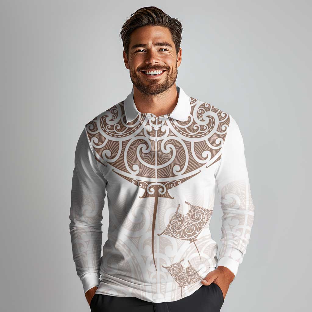 New Zealand Manta Ray Tattoo Long Sleeve Polo Shirt Aotearoa Maori Haehae Beige LT14 - Polynesian Pride
