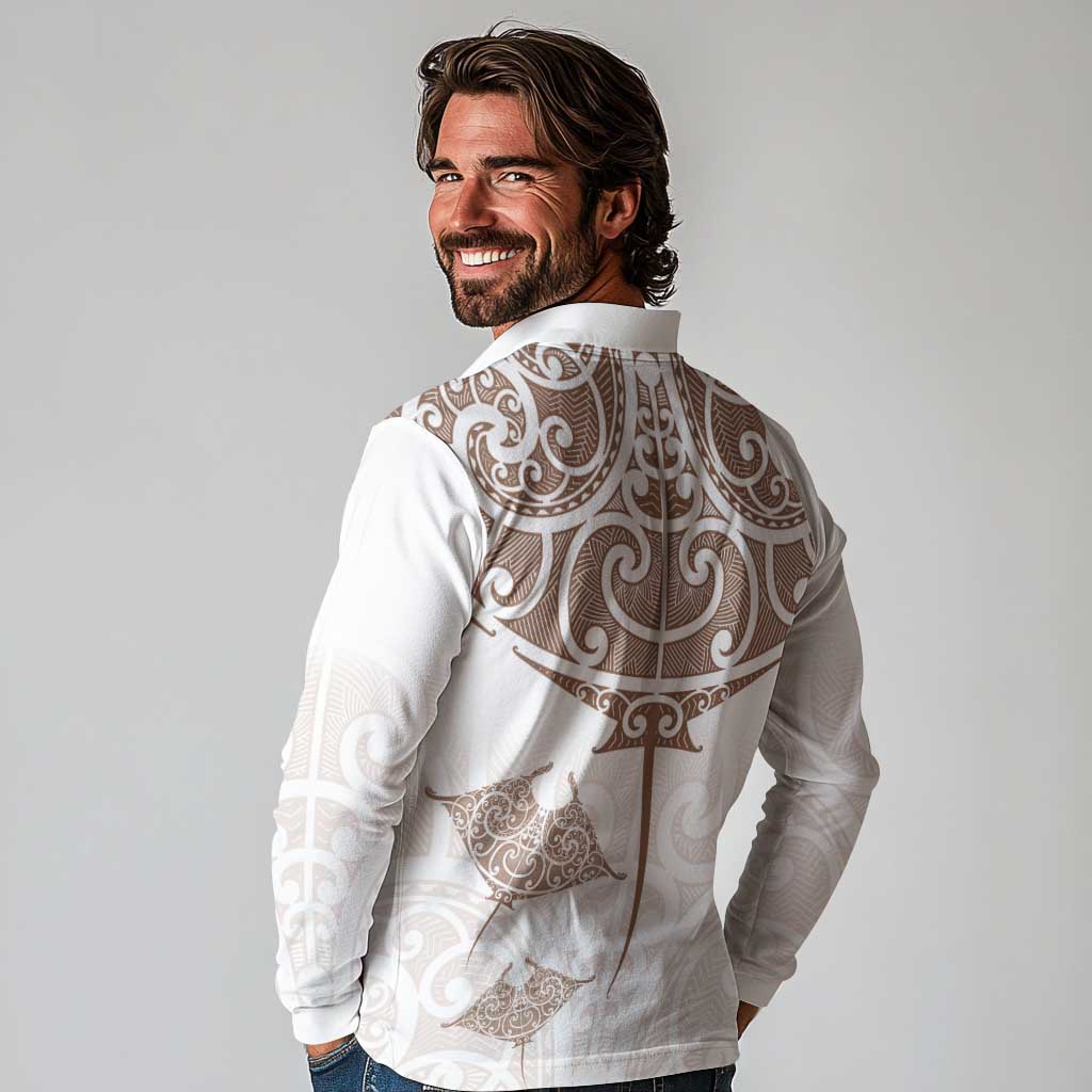 New Zealand Manta Ray Tattoo Long Sleeve Polo Shirt Aotearoa Maori Haehae Beige LT14 - Polynesian Pride
