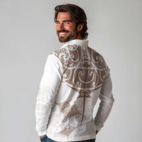 New Zealand Manta Ray Tattoo Long Sleeve Polo Shirt Aotearoa Maori Haehae Beige LT14 - Polynesian Pride