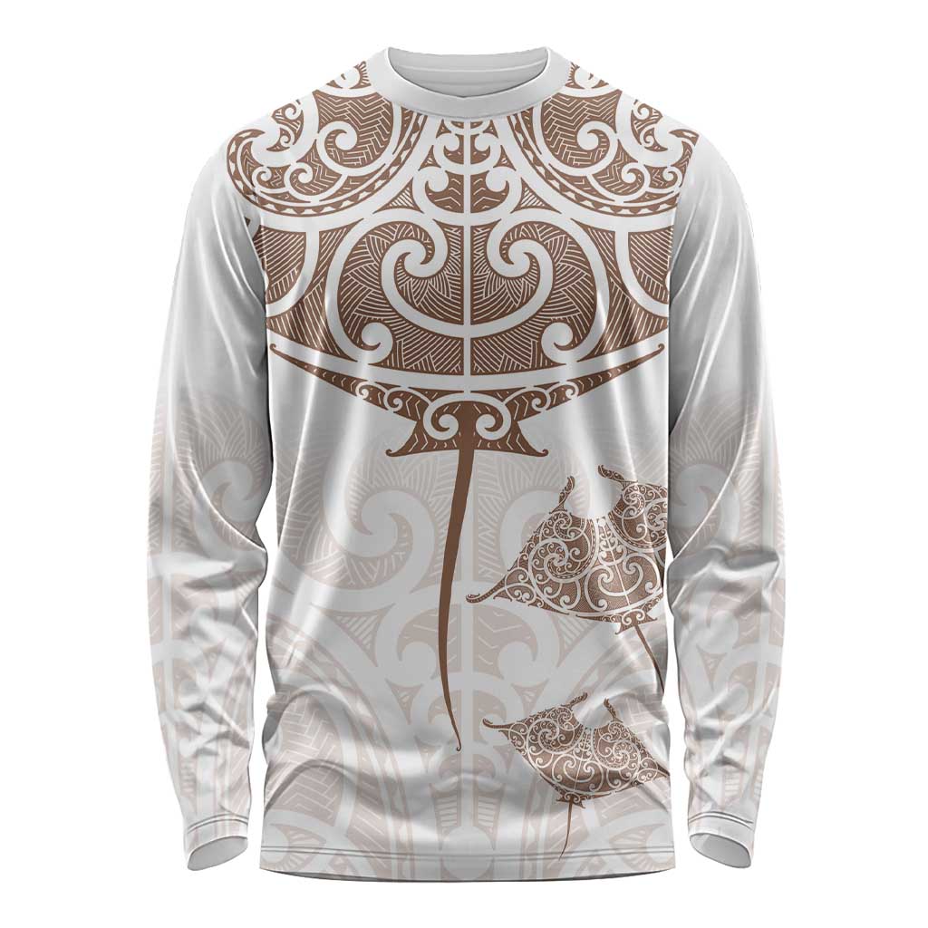 New Zealand Manta Ray Tattoo Long Sleeve Shirt Aotearoa Maori Haehae Beige LT14 Unisex White - Polynesian Pride