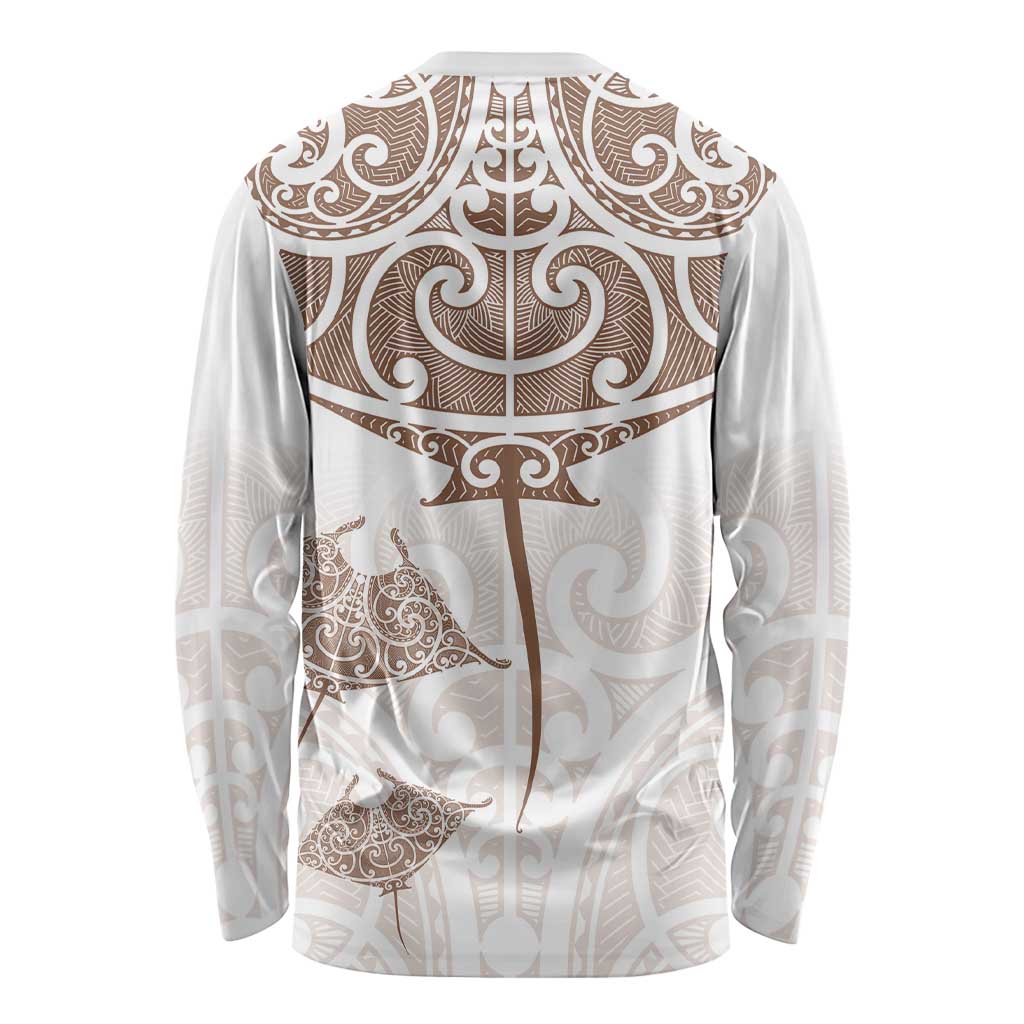New Zealand Manta Ray Tattoo Long Sleeve Shirt Aotearoa Maori Haehae Beige LT14 - Polynesian Pride