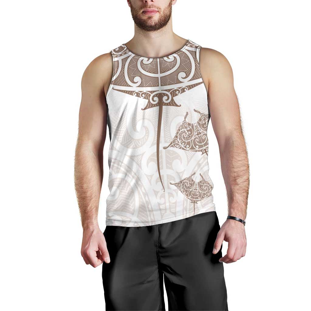 New Zealand Manta Ray Tattoo Men Tank Top Aotearoa Maori Haehae Beige LT14 - Polynesian Pride