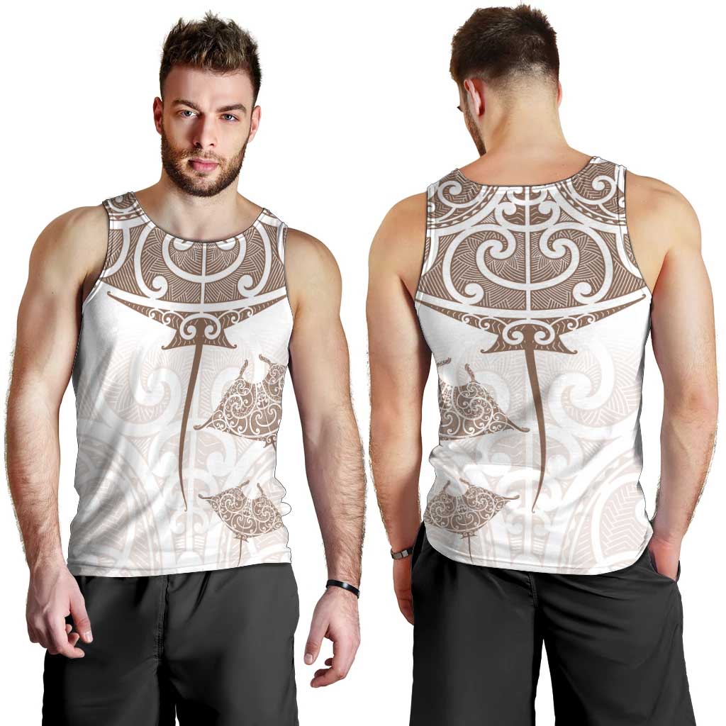New Zealand Manta Ray Tattoo Men Tank Top Aotearoa Maori Haehae Beige LT14 - Polynesian Pride