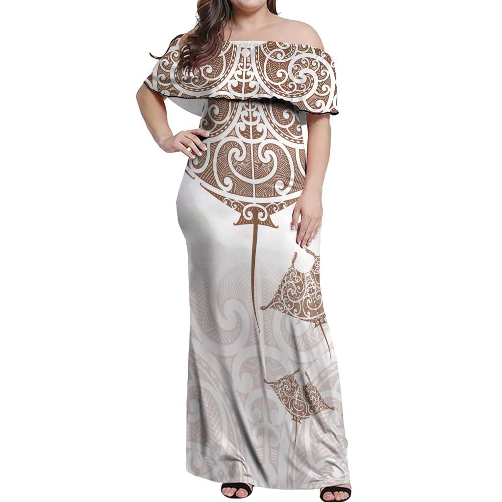 New Zealand Manta Ray Tattoo Off Shoulder Maxi Dress Aotearoa Maori Haehae Beige LT14 Women White - Polynesian Pride