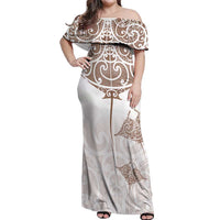 New Zealand Manta Ray Tattoo Off Shoulder Maxi Dress Aotearoa Maori Haehae Beige LT14 Women White - Polynesian Pride