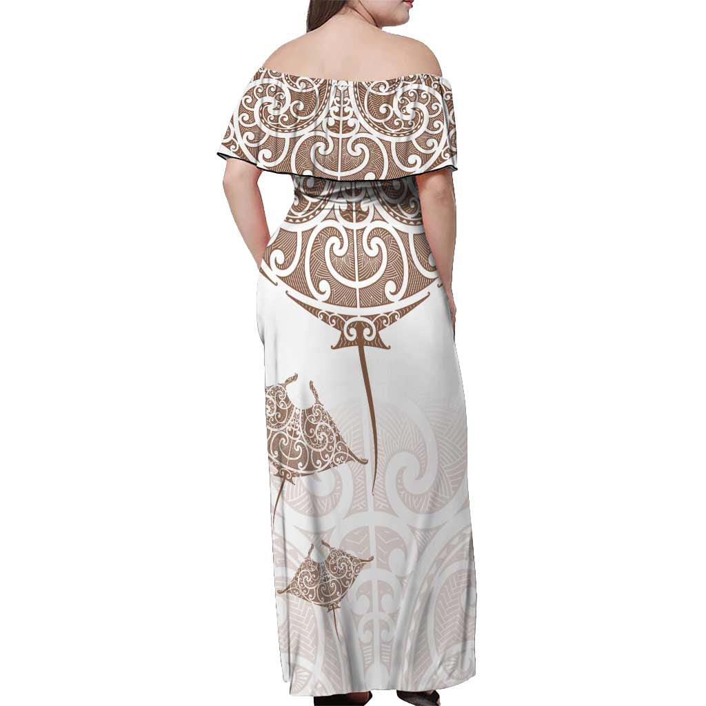 New Zealand Manta Ray Tattoo Off Shoulder Maxi Dress Aotearoa Maori Haehae Beige LT14 - Polynesian Pride