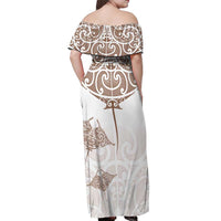 New Zealand Manta Ray Tattoo Off Shoulder Maxi Dress Aotearoa Maori Haehae Beige LT14 - Polynesian Pride