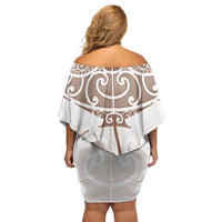 New Zealand Manta Ray Tattoo Off Shoulder Short Dress Aotearoa Maori Haehae Beige LT14 - Polynesian Pride