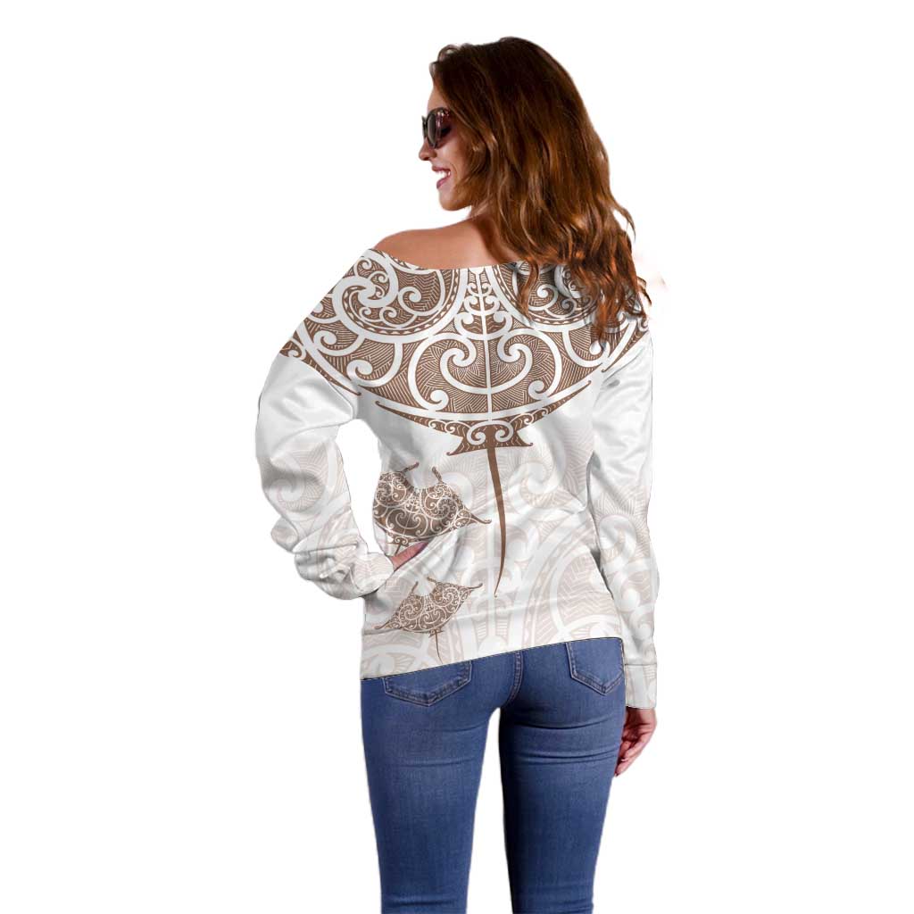 New Zealand Manta Ray Tattoo Off Shoulder Sweater Aotearoa Maori Haehae Beige - Polynesian Pride