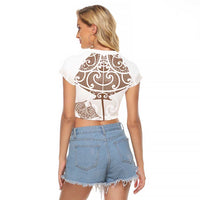 New Zealand Manta Ray Tattoo Raglan Cropped T Shirt Aotearoa Maori Haehae Beige LT14 - Polynesian Pride