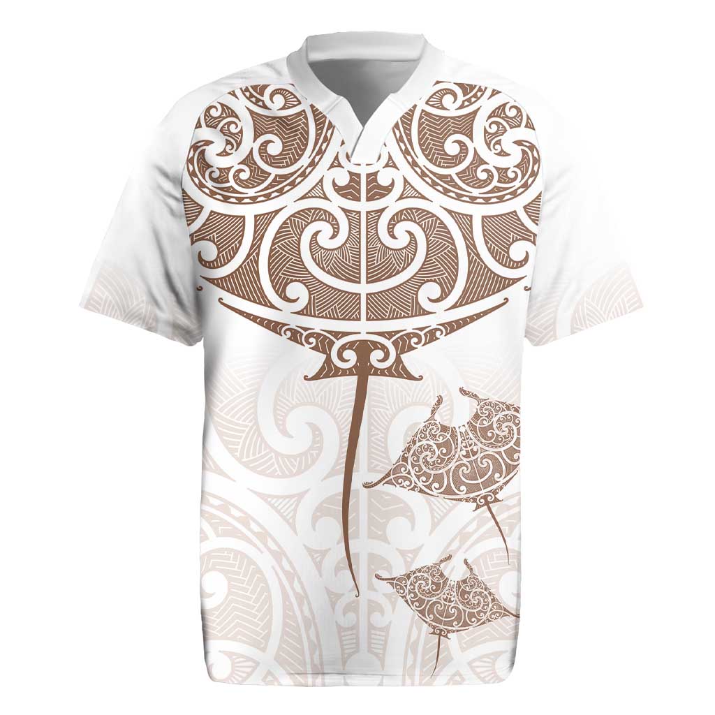 New Zealand Manta Ray Tattoo Rugby Jersey Aotearoa Maori Haehae Beige LT14 White - Polynesian Pride