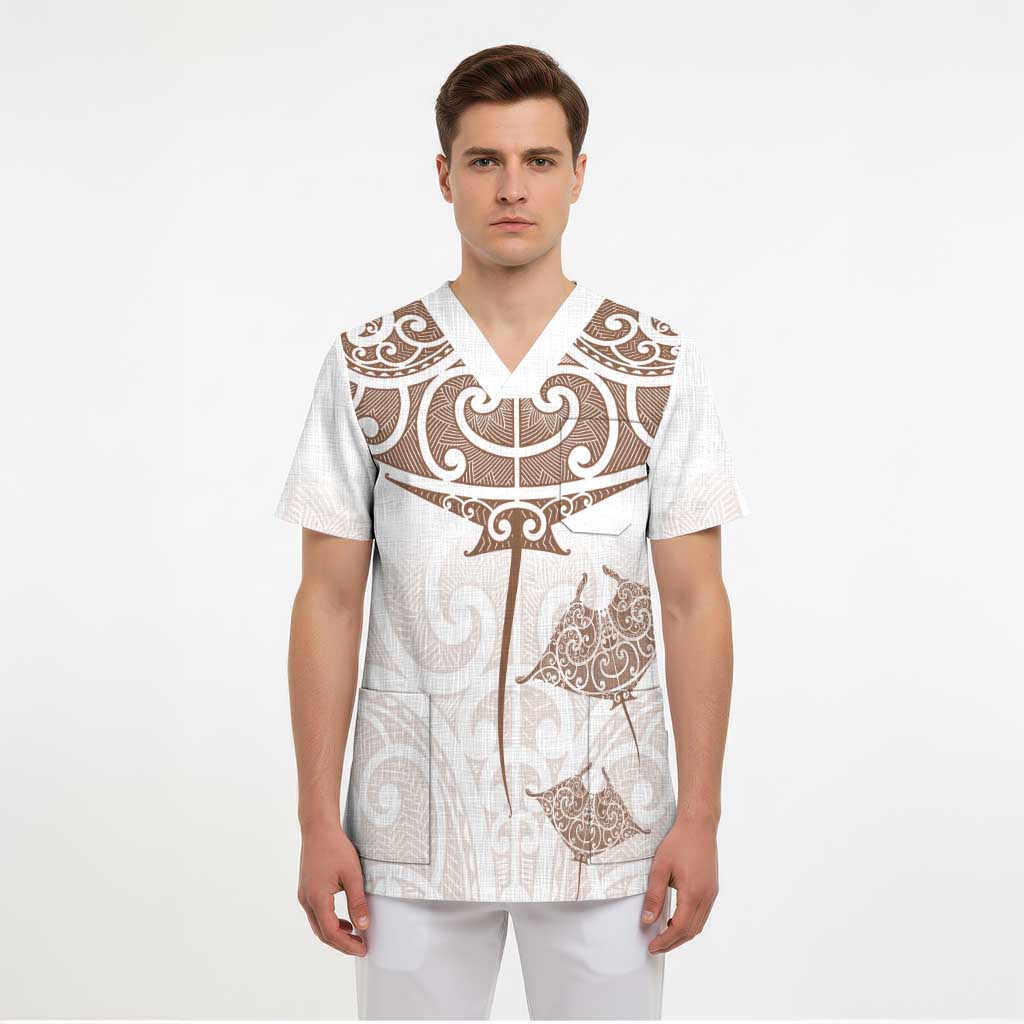 New Zealand Manta Ray Tattoo Scrub Top Aotearoa Maori Haehae Beige LT14 - Polynesian Pride