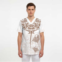 New Zealand Manta Ray Tattoo Scrub Top Aotearoa Maori Haehae Beige LT14 - Polynesian Pride