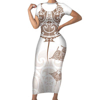 New Zealand Manta Ray Tattoo Short Sleeve Bodycon Dress Aotearoa Maori Haehae Beige LT14 Long Dress White - Polynesian Pride