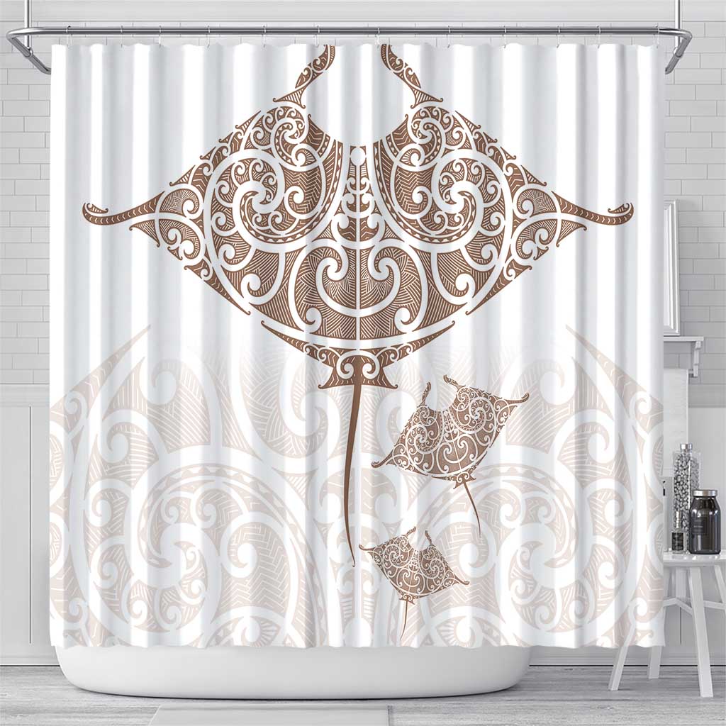 New Zealand Manta Ray Tattoo Shower Curtain Aotearoa Maori Haehae Beige LT14 - Polynesian Pride