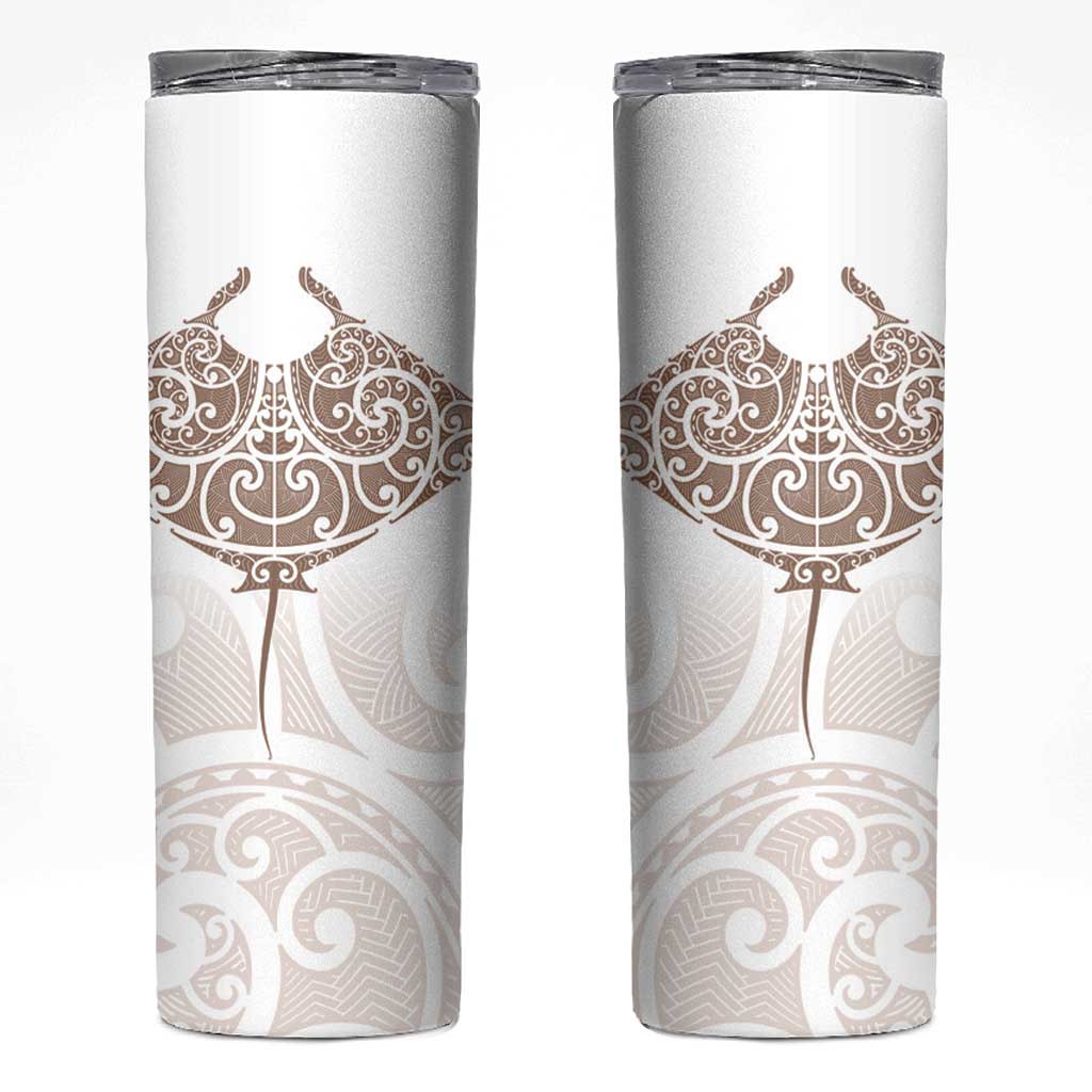 New Zealand Manta Ray Tattoo Skinny Tumbler Aotearoa Maori Haehae Beige LT14 White - Polynesian Pride