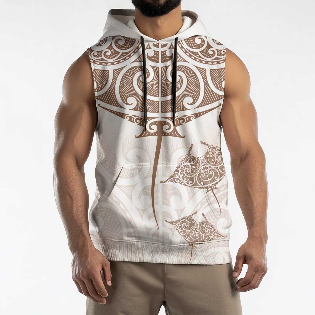 New Zealand Manta Ray Tattoo Sleeveless Hoodie Aotearoa Maori Haehae Beige LT14 - Polynesian Pride