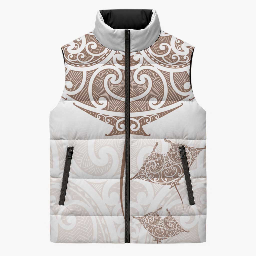 New Zealand Manta Ray Tattoo Sleeveless Puffer Jacket Aotearoa Maori Haehae Beige LT14 Unisex White - Polynesian Pride