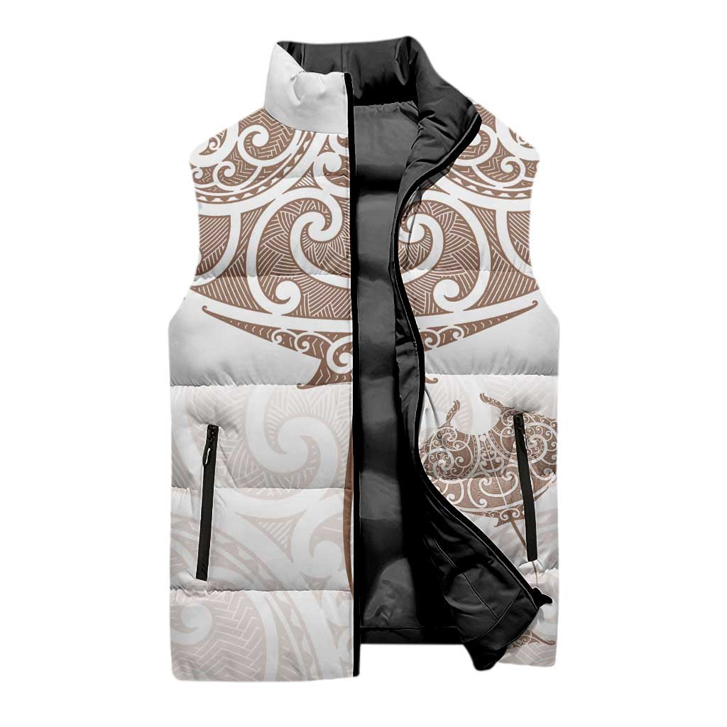 New Zealand Manta Ray Tattoo Sleeveless Puffer Jacket Aotearoa Maori Haehae Beige LT14 - Polynesian Pride