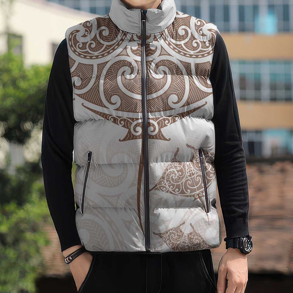 New Zealand Manta Ray Tattoo Sleeveless Puffer Jacket Aotearoa Maori Haehae Beige LT14 - Polynesian Pride