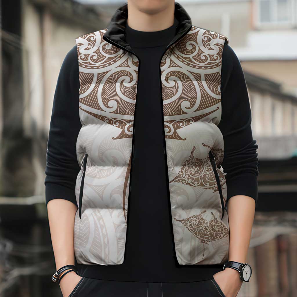 New Zealand Manta Ray Tattoo Sleeveless Puffer Jacket Aotearoa Maori Haehae Beige LT14 - Polynesian Pride