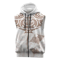 New Zealand Manta Ray Tattoo Sleeveless Zip Hoodie Aotearoa Maori Haehae Beige LT14 White - Polynesian Pride