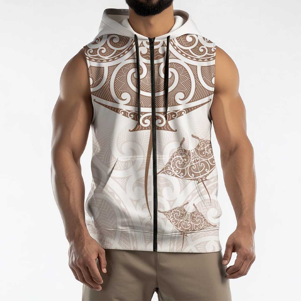 New Zealand Manta Ray Tattoo Sleeveless Zip Hoodie Aotearoa Maori Haehae Beige LT14 - Polynesian Pride