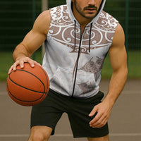 New Zealand Manta Ray Tattoo Sleeveless Zip Hoodie Aotearoa Maori Haehae Beige LT14 - Polynesian Pride